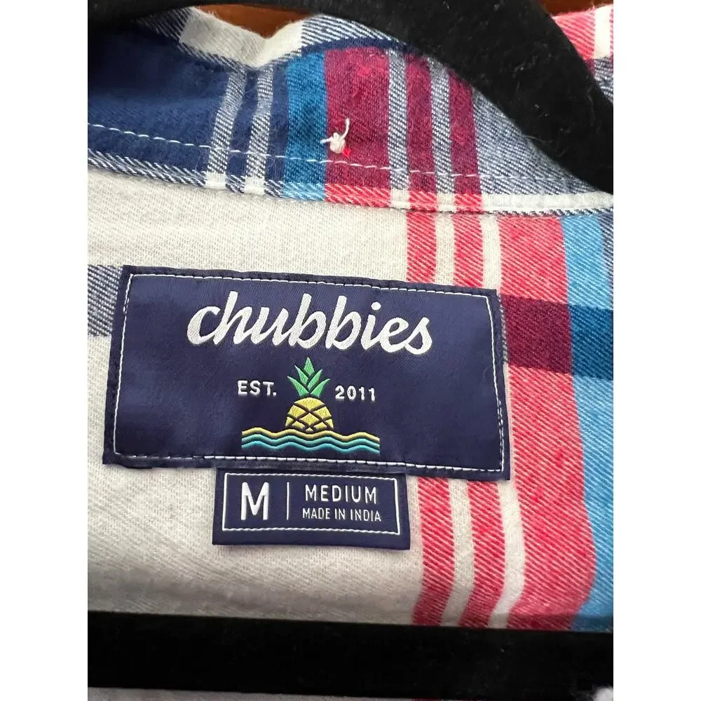NWT Chubbies Mens The All Around Stretch Flannel Button Down Shirt Red Blue SZ M